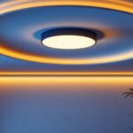 A photograph of a stylish round ceiling light fixture elegantly illuminating a modern interior space