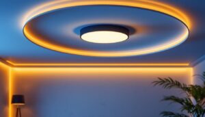 A photograph of a stylish round ceiling light fixture elegantly illuminating a modern interior space