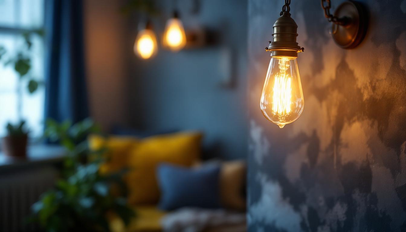 A photograph of a beautifully styled vintage hanging chain lamp illuminating a cozy interior space