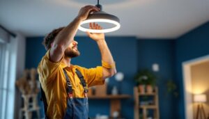 A photograph of a skilled lighting contractor installing a sleek