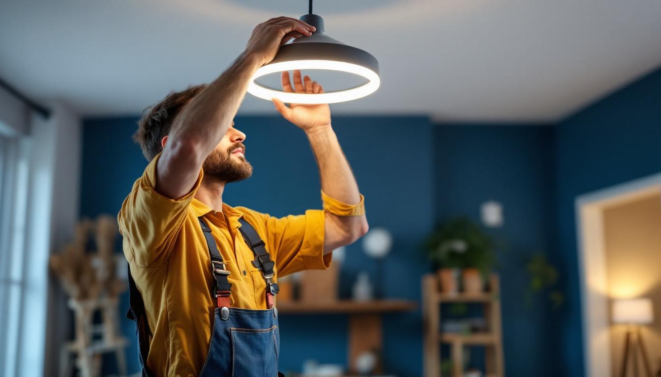 A photograph of a skilled lighting contractor installing a sleek