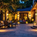 A photograph of a well-lit outdoor space showcasing various motion sensor lights in action