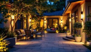 A photograph of a well-lit outdoor space showcasing various motion sensor lights in action