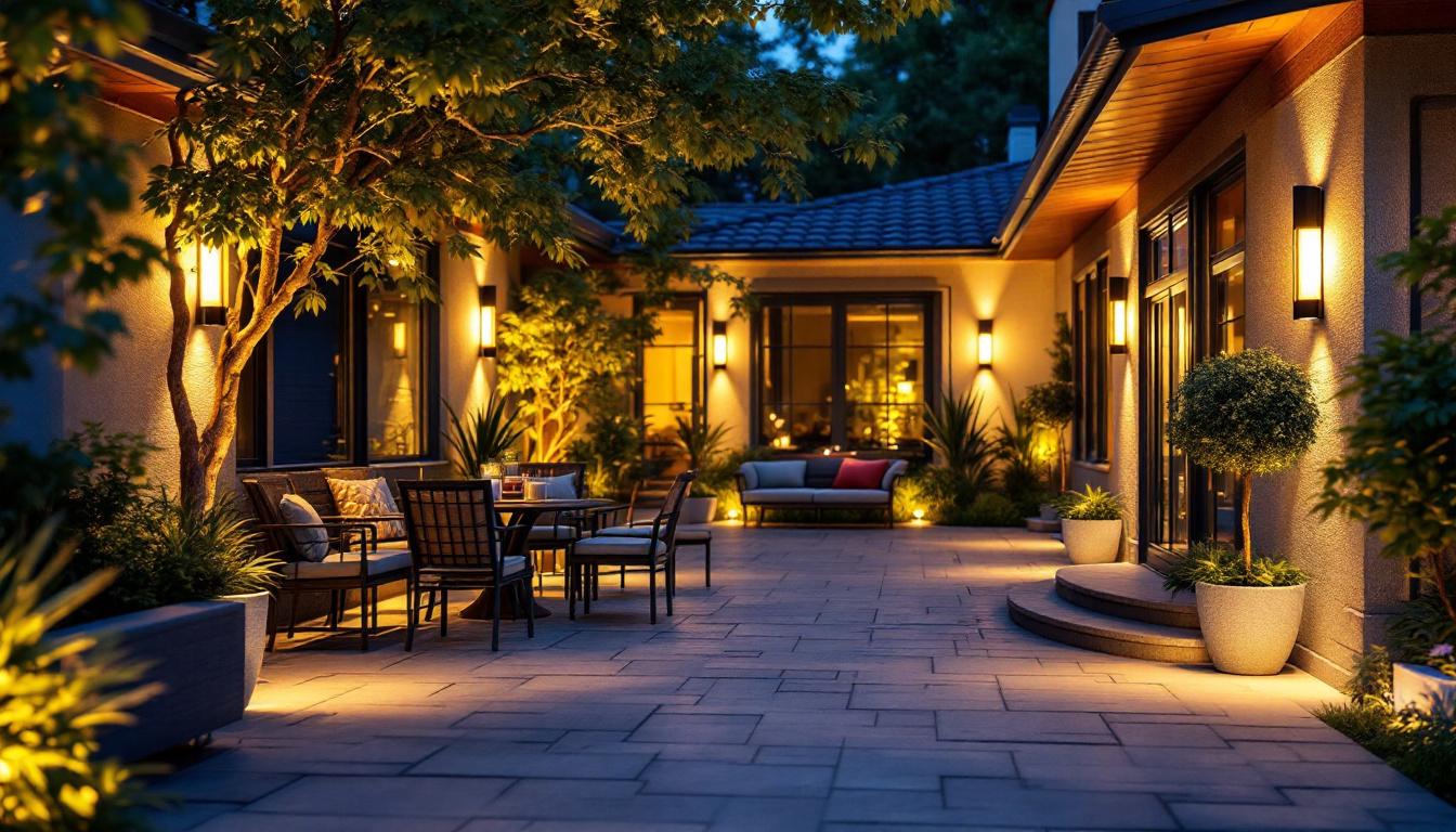 A photograph of a well-lit outdoor space showcasing various motion sensor lights in action