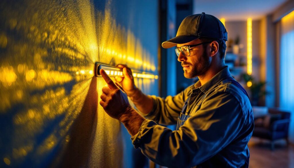 A photograph of a lighting contractor expertly installing vibrant led light strips in a modern living space