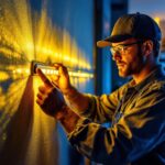 A photograph of a lighting contractor expertly installing vibrant led light strips in a modern living space
