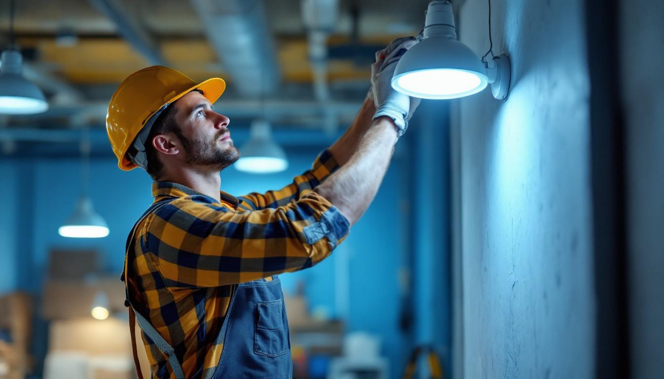 A photograph of a lighting contractor efficiently installing energy-saving led fixtures in a commercial space
