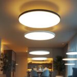 A photograph of a well-lit room showcasing various styles of flat recessed lights installed in the ceiling