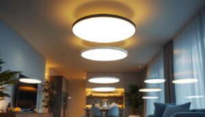 A photograph of a well-lit room showcasing various styles of flat recessed lights installed in the ceiling