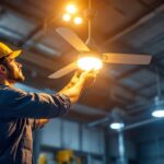 A photograph of a well-lit industrial setting featuring a ceiling fan in action