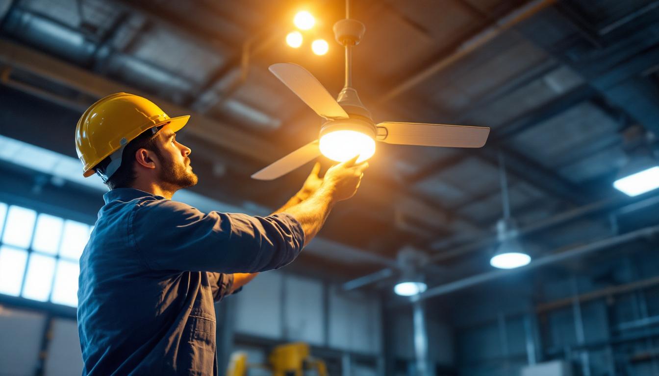 A photograph of a well-lit industrial setting featuring a ceiling fan in action