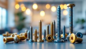 A photograph of a close-up shot of various light fixture screws arranged aesthetically