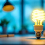 A photograph of a 13-watt compact fluorescent bulb illuminated in a well-lit workspace
