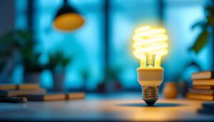 A photograph of a 13-watt compact fluorescent bulb illuminated in a well-lit workspace