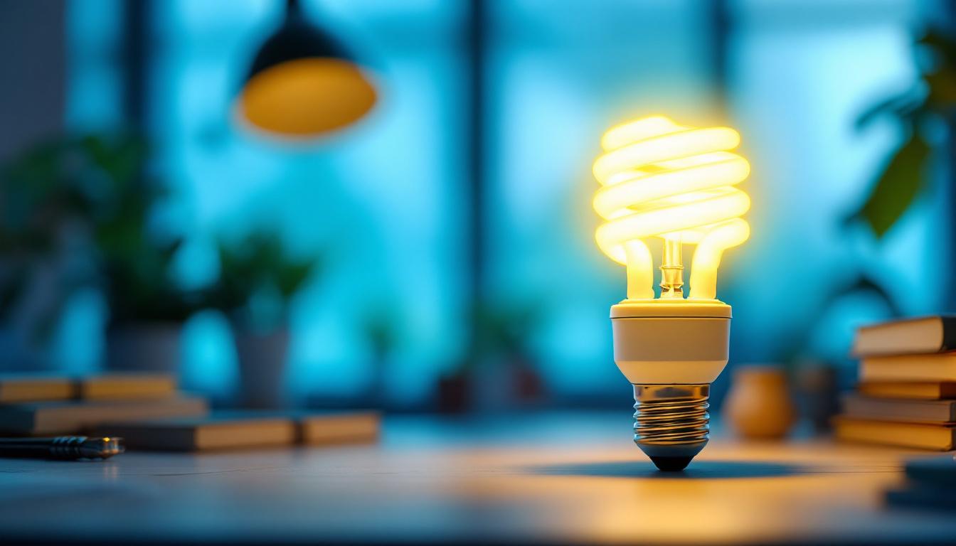 A photograph of a 13-watt compact fluorescent bulb illuminated in a well-lit workspace