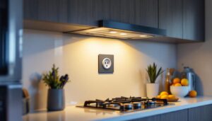 A photograph of a recessed stove outlet installation in a modern kitchen setting
