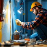 A photograph of a lighting contractor at work on a job site