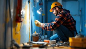 A photograph of a lighting contractor at work on a job site