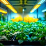 A photograph of a well-lit indoor hydroponic setup featuring vibrant plants under led hydroponic lights