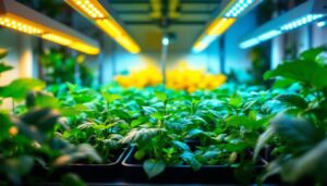 A photograph of a well-lit indoor hydroponic setup featuring vibrant plants under led hydroponic lights