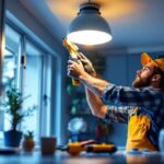 A photograph of a lighting contractor expertly installing a canned light conversion kit in a modern home