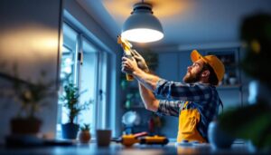 A photograph of a lighting contractor expertly installing a canned light conversion kit in a modern home