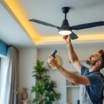 A photograph of a skilled lighting contractor installing a modern fan switch in a stylishly designed room