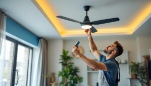A photograph of a skilled lighting contractor installing a modern fan switch in a stylishly designed room