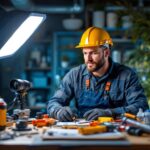 A photograph of a lighting contractor in action