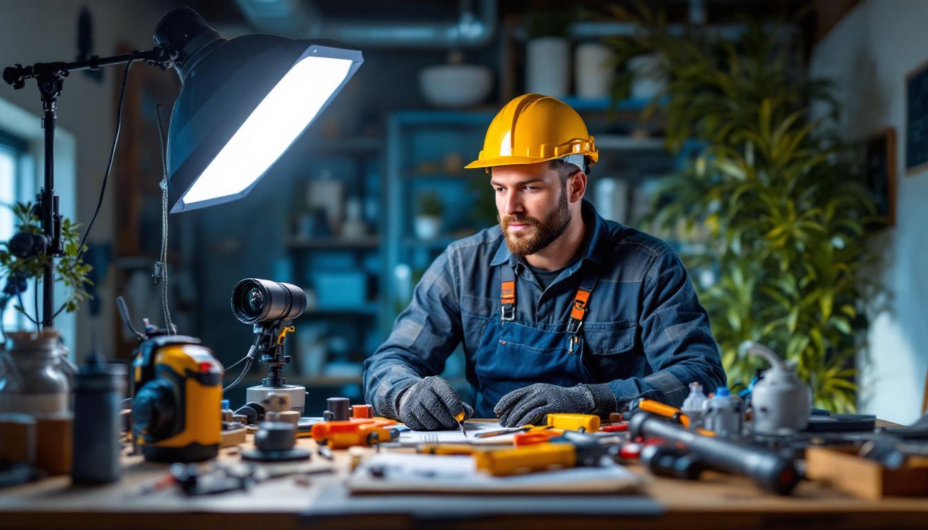 A photograph of a lighting contractor in action