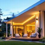 A photograph of a stylishly designed porch featuring modern ceiling lights that illuminate the space