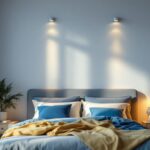 A photograph of a beautifully designed bedroom featuring stylish flush ceiling lights