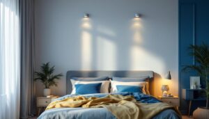 A photograph of a beautifully designed bedroom featuring stylish flush ceiling lights