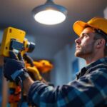 A photograph of a lighting contractor installing general electric led lights in a modern residential or commercial setting
