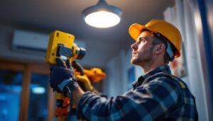 A photograph of a lighting contractor installing general electric led lights in a modern residential or commercial setting