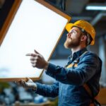A photograph of a lighting contractor examining a modern led light fixture in a well-lit workspace