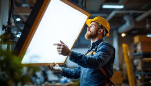 A photograph of a lighting contractor examining a modern led light fixture in a well-lit workspace