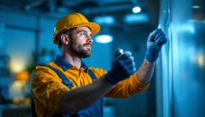 A photograph of a lighting contractor installing or showcasing modern led lights in a contemporary setting