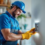 A photograph of a skilled lighting contractor installing an electrical box cover plate in a well-lit residential setting