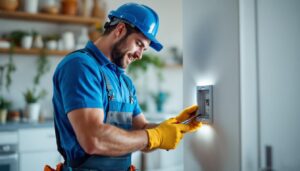 A photograph of a skilled lighting contractor installing an electrical box cover plate in a well-lit residential setting