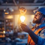 A photograph of a lighting contractor installing a type a19 bulb in a modern workspace