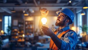 A photograph of a lighting contractor installing a type a19 bulb in a modern workspace