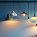 A photograph of a stylish and contemporary interior space featuring a variety of modern hanging ceiling lights