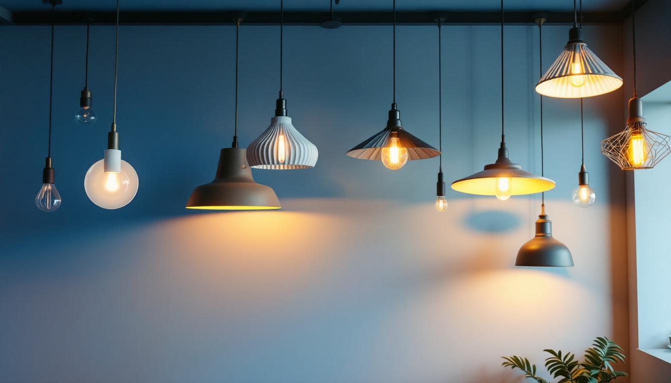 A photograph of a stylish and contemporary interior space featuring a variety of modern hanging ceiling lights