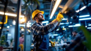 A photograph of a lighting contractor installing led tube bulbs in a commercial setting