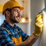 A photograph of a lighting contractor installing or inspecting gu24 led bulbs in a residential or commercial setting