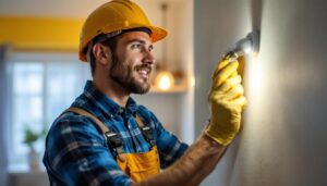A photograph of a lighting contractor installing or inspecting gu24 led bulbs in a residential or commercial setting