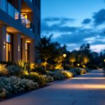 A photograph of a well-lit outdoor space featuring various styles of exterior bollard lights illuminating pathways and landscaping
