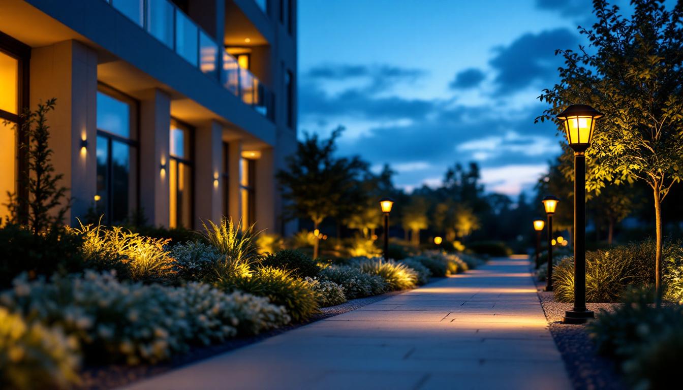 A photograph of a well-lit outdoor space featuring various styles of exterior bollard lights illuminating pathways and landscaping