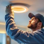 A photograph of a skilled lighting contractor installing recessed lighting rings in a modern home setting